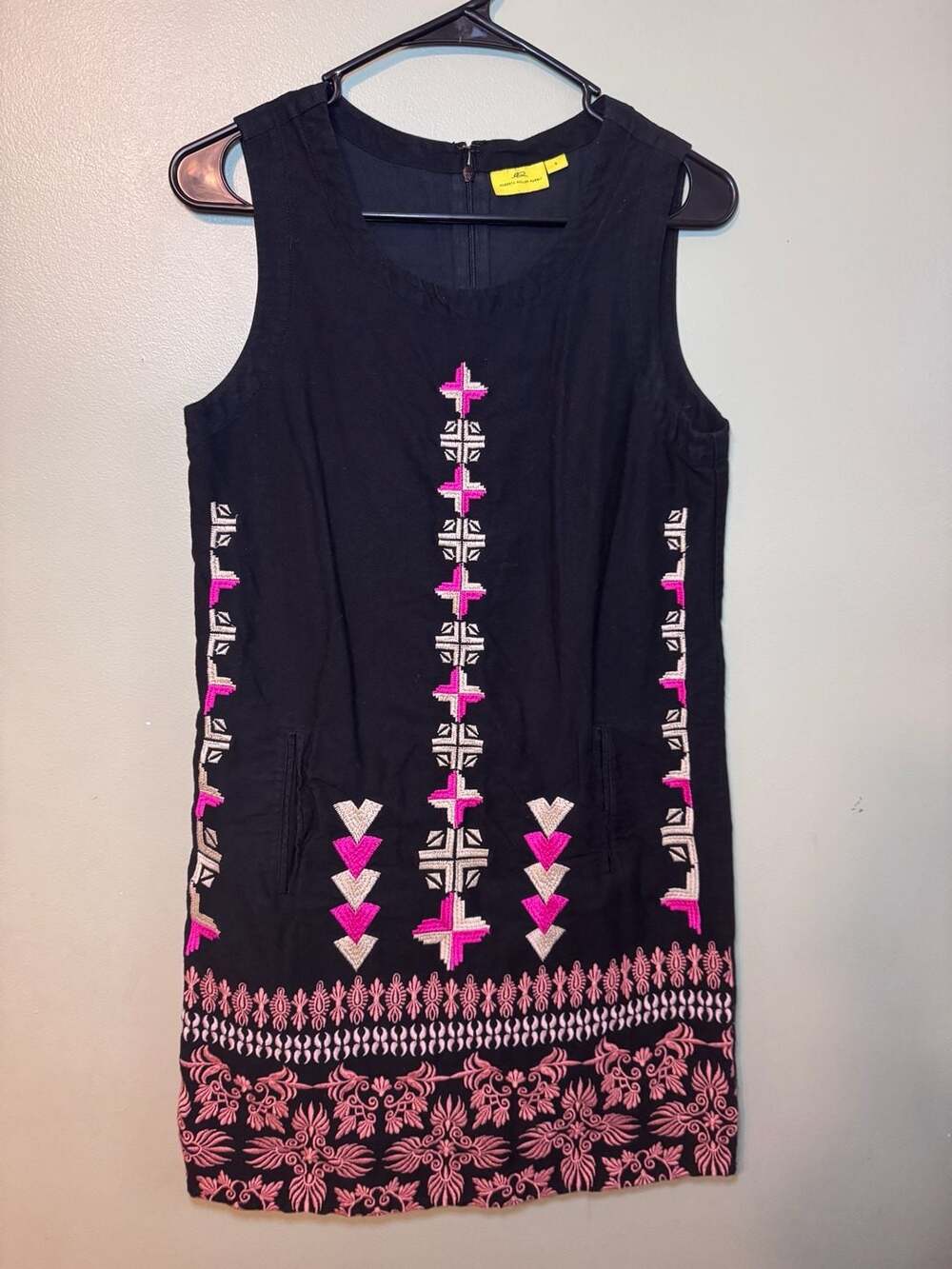 Roberta Roller Rabbit S Black Pink Embroidered Cotton Shift Dress